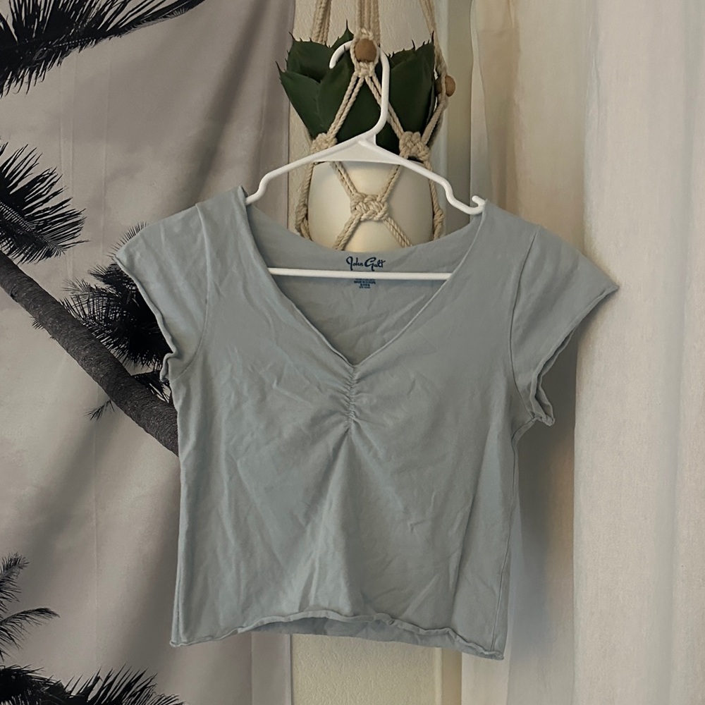 Brandy Melville Light Blue V-Neck Ruched Crop Tee